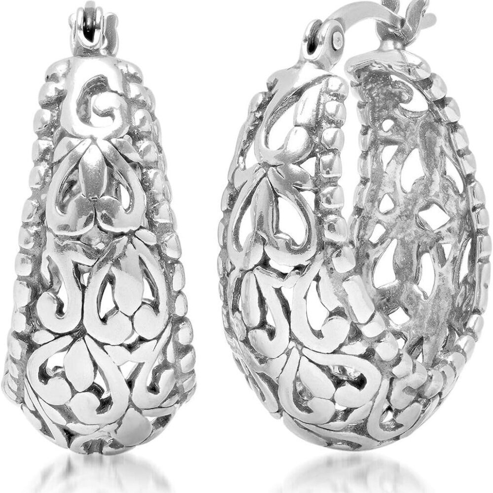 Silver Filigree Earrings Women Sterling Silver Hoop with Click Tops Anti-tarnish